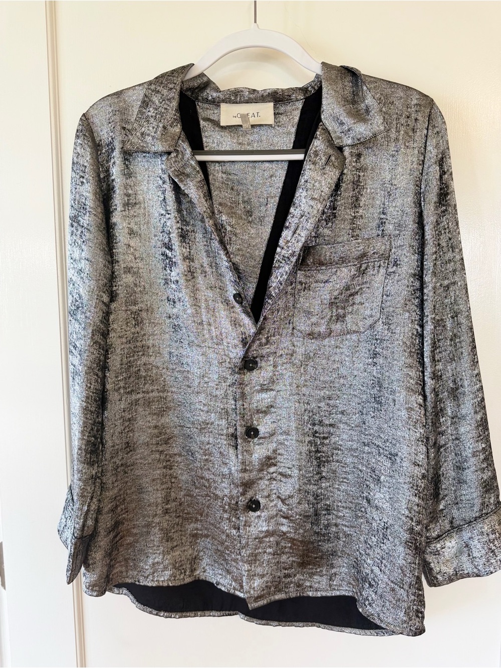 THE GREAT. Silver Metallic Button-Down Shirt